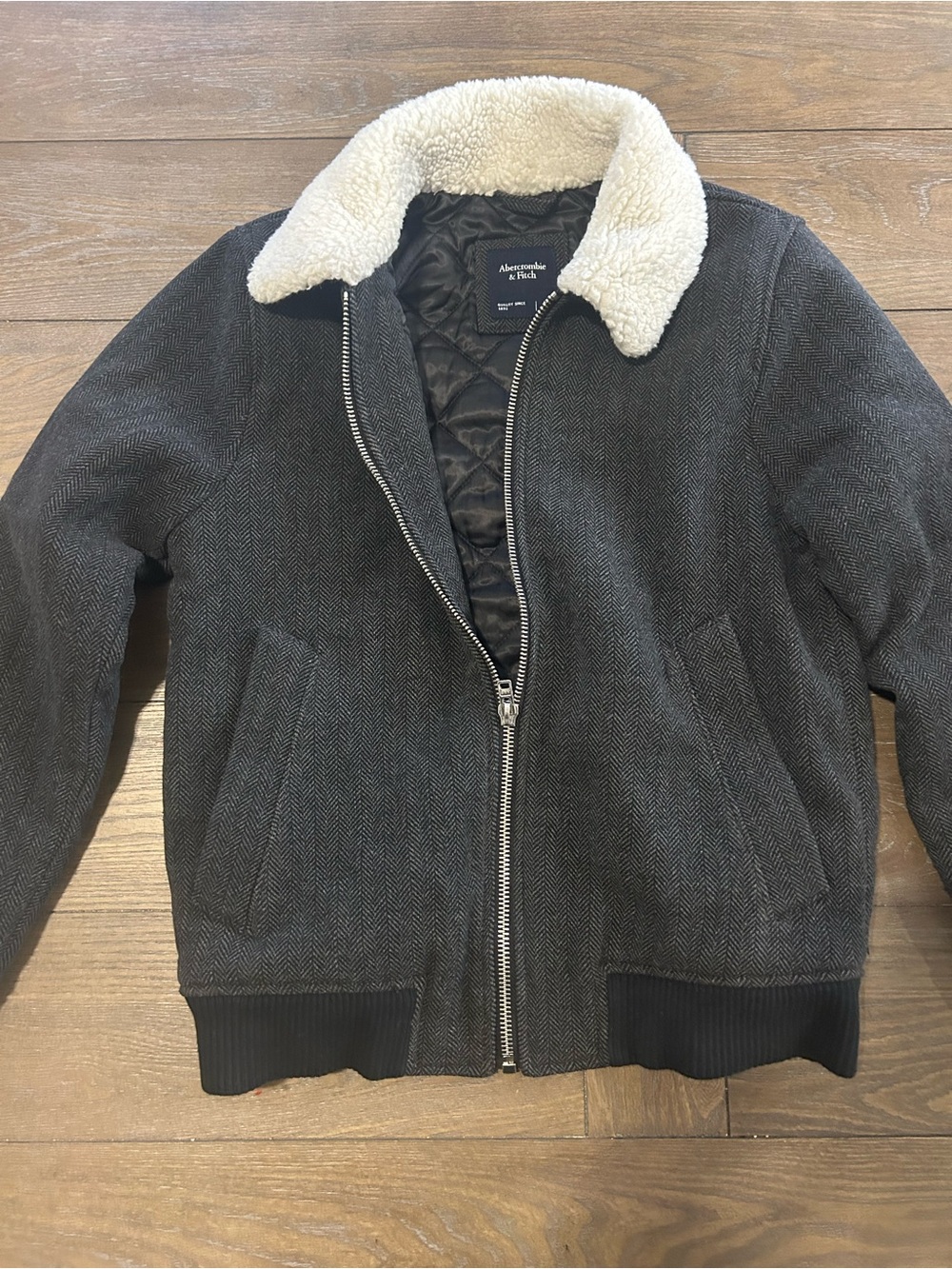 Abercrombie & Fitch Men's Charcoal Herringbone Sherpa Collar Bomber Jacket